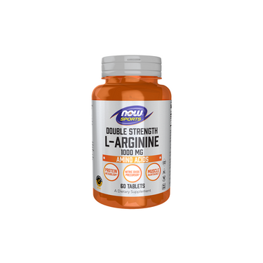 A bottle of Now Foods Double Strength L-Arginine 1000 mg, 60 tablets, is a dietary supplement for protein metabolism, muscle support, and nitric oxide production.
